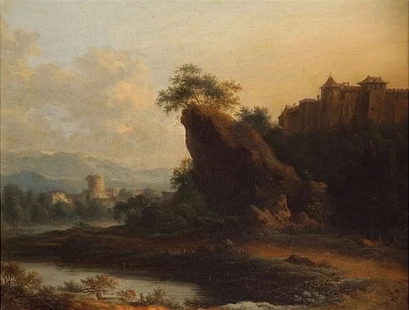 Johann Christian Vollerdt - Città affacciata su un paesaggio fluviale, attribuito